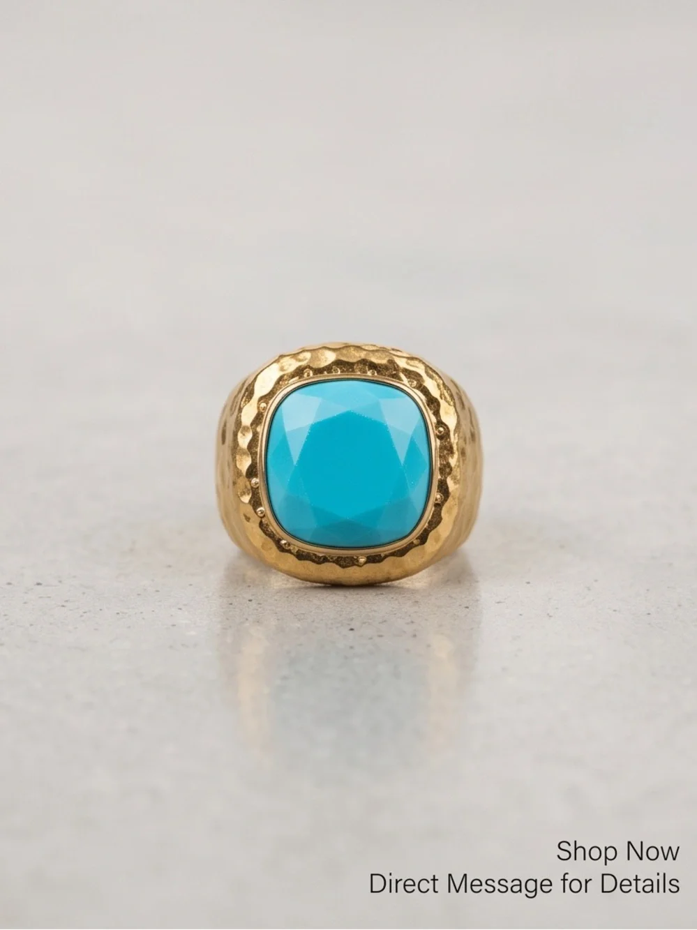 Gold Hammered Statement Ring with Turquoise Cabochon - Women Jewelry